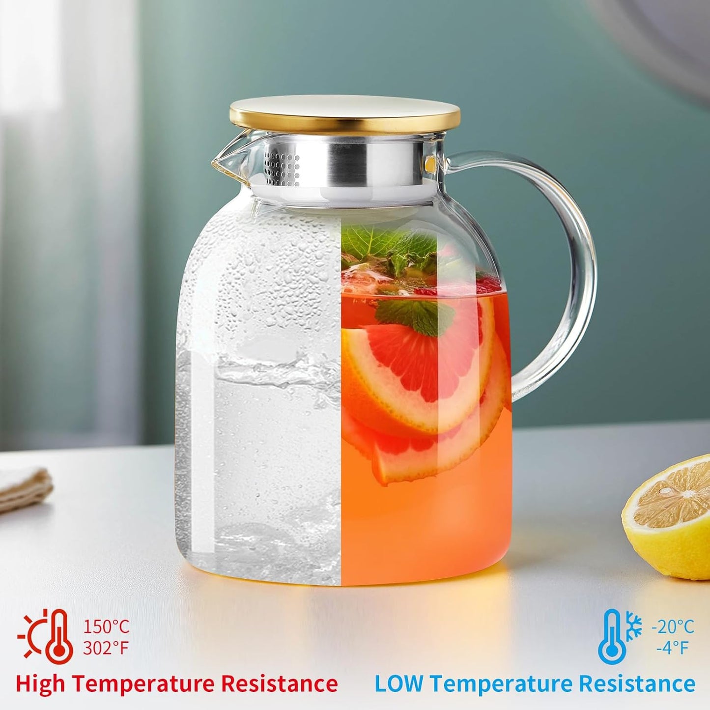 2L 68OZ Glass Pitcher with Lid and Spout, Water Jug, Glass Water Pitcher Carafe for Hot/Cold Water 2000ml for Fridge, Large Iced Tea Jug for Homemade Beverage