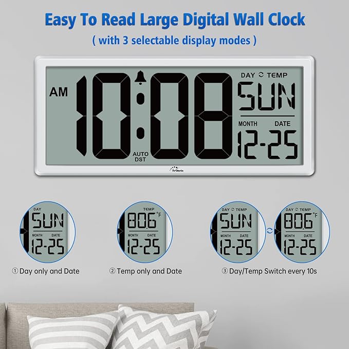WallarGe 14.5'' Large Digital Wall Clock Battery Operated - Image 2