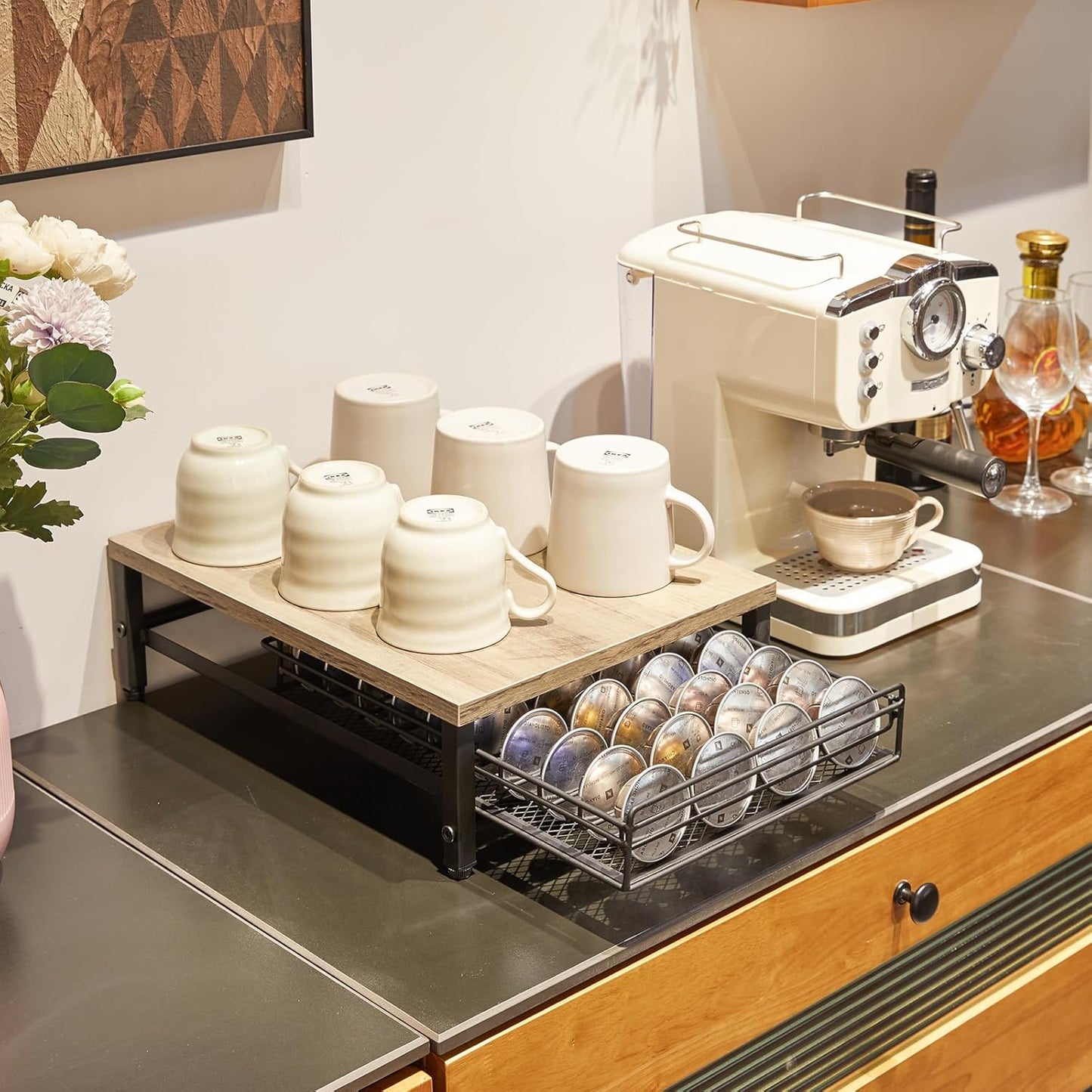 IBUYKE Wooden Coffee Pod Drawer Holder,Pod Holder,40 Capsule Pods,Coffee Pod Holder Drawer With Mesh Shelves,Home Kitchen Counter Organizer,Greige TCJ101Y