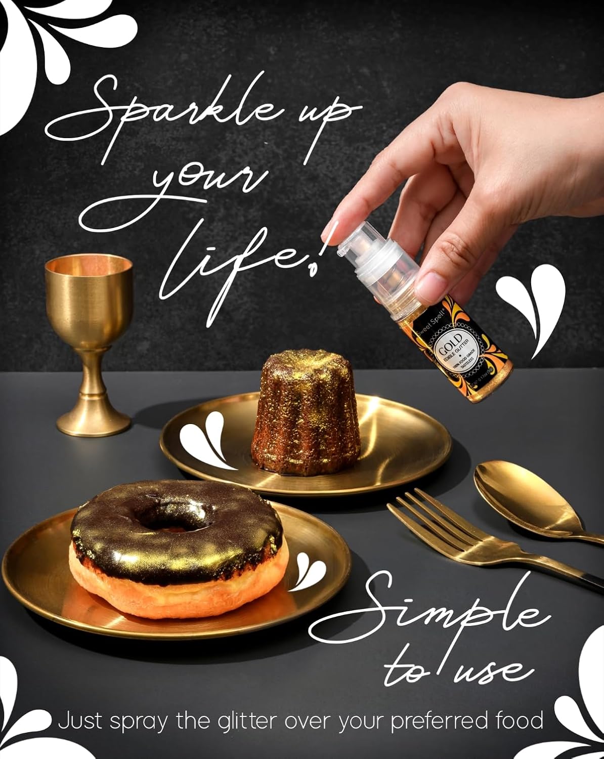 Sweet Spell Edible Cake Glitter Spray – Shimmering Magic for Cakes Decorating & Cocktails – 100% Edible, Food-Grade, Vegan, Gluten-Free (Gold)