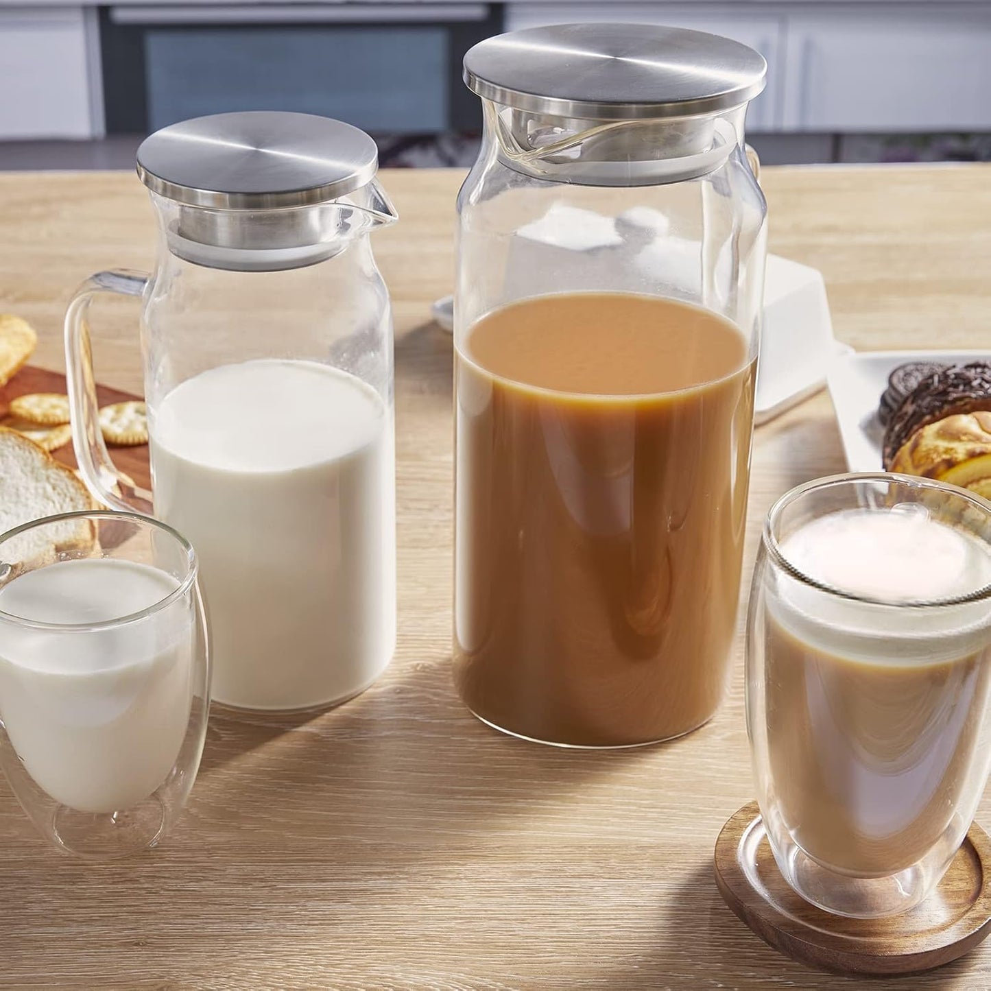 2 Pack 2 Liter 68 oz 2.1 Qt Glass Pitcher with Lid and Spout, Bivvclaz Water Pitcher for Fridge, Glass Carafe for Hot/Cold Water, Large Iced Tea Pitcher for Coffee, Juice and Homemade Beverage