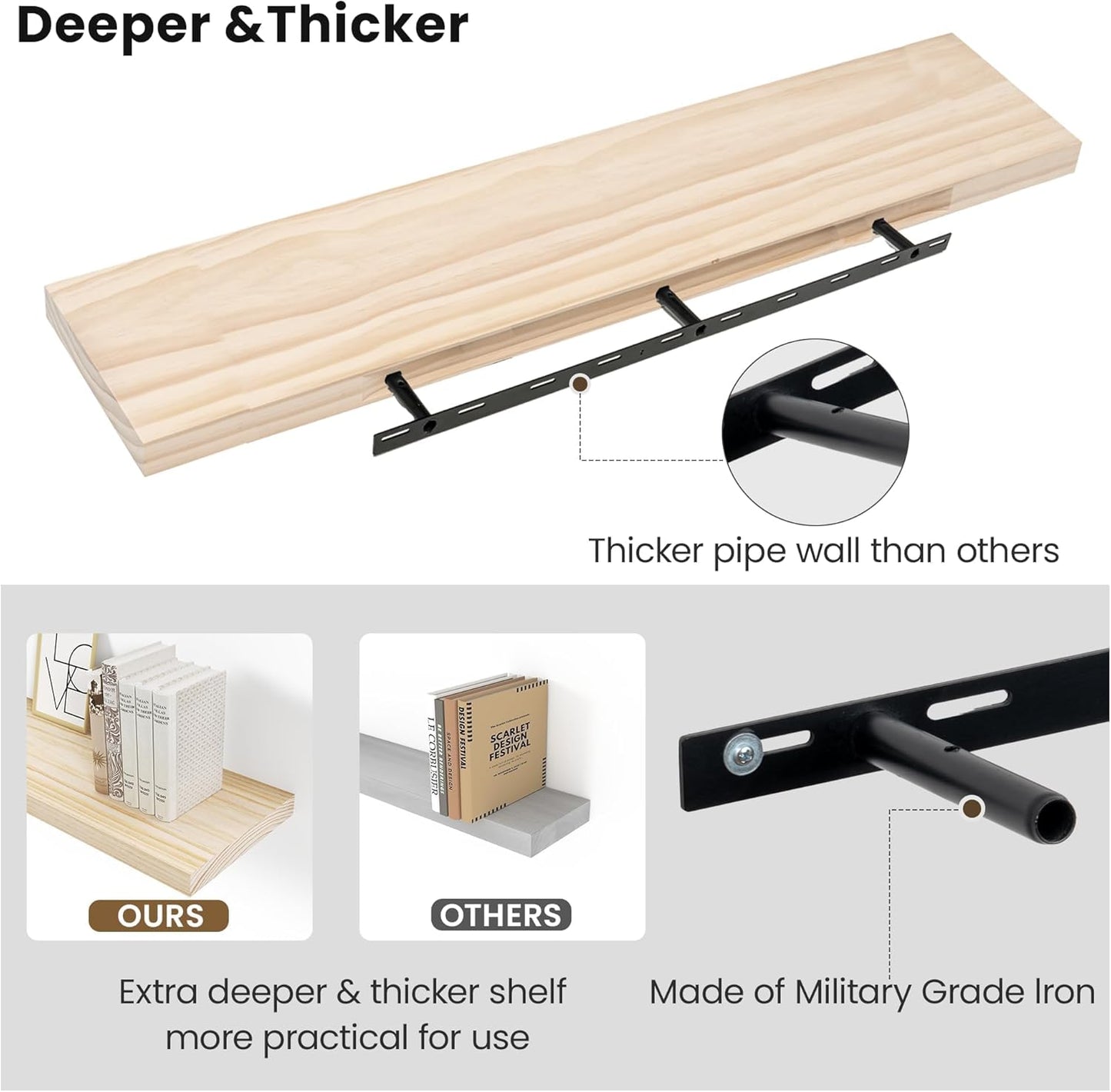 Vivelove Natural Wood Floating Shelves 48”，8 inch Deep Floating Shelf with Invisible Brackets, Unfinished Wall Shelves for Living Room, Bathroom, Kitchen, Bedroom, Home Decor, Set of 1 - Natural