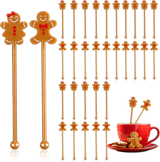 30 Pcs Christmas Drink Stirrers Xmas Stir Stick Holiday Coffee Swizzle Stick Reusable Plastic Hot Cocoa Bar Chocolate Decoration Cocktail Mixer(Gingerbread Couple,Elegant Color)