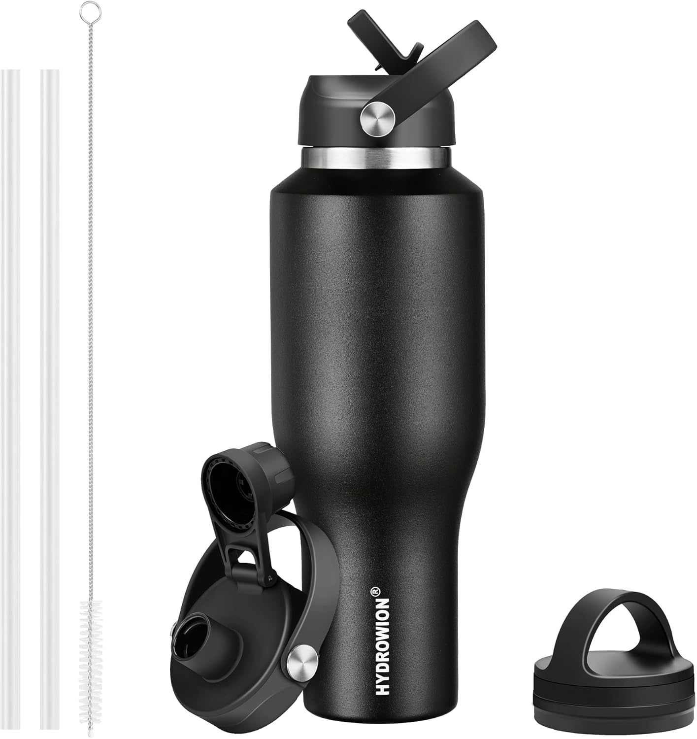 HYDROWION 40 oz Insulated Water Bottle with Straw fit in Car Cup Holder(Cold 48 hrs, Hot 24 hrs) Drinking Bottle with Straw Lid, Spout Lid and Flex Cap Leakproof Travel Thermo Mug，Black