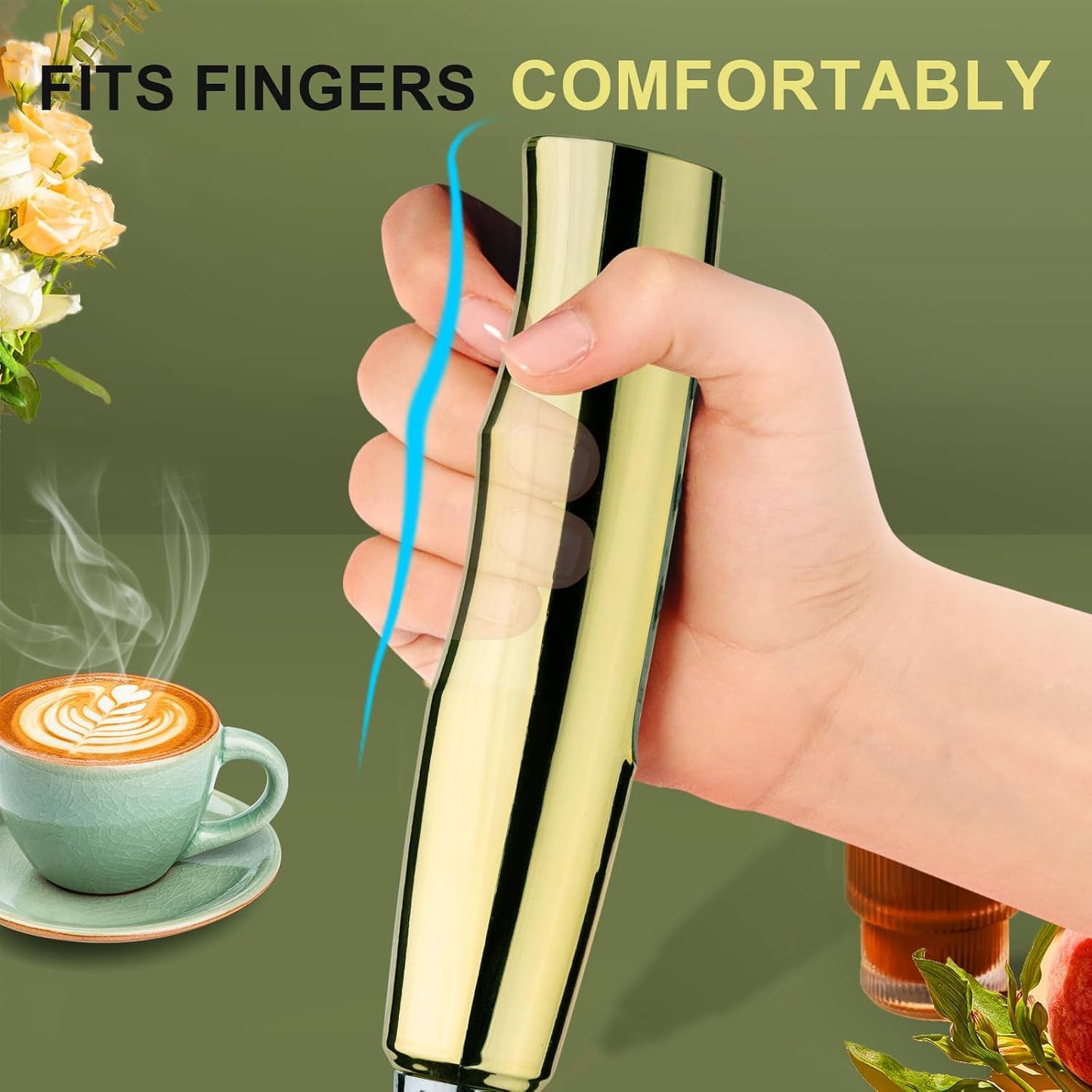 YUSWKO Champagne Gold Handheld Milk Frother Wand for Coffee, Rechargeable Electric Whisk with 3 Heads 3 Speeds Drink Mixer Coffee Frother For Latte, Cappuccino, Hot Chocolate, Egg