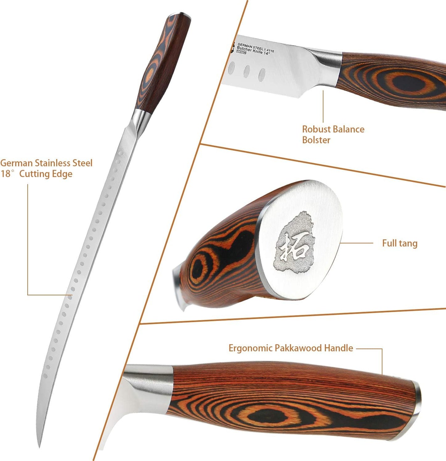 TUO Cimitar Butcher Knife - 14 Inch Butcher's Breaking Knife Long Meat Slicing Knives Pro Curved Slicer Carver - Forged German Steel with Full-Tang Pakkawood Handle - Fiery Series Gift Box Included