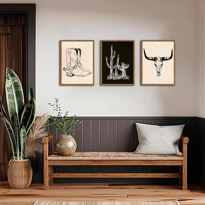 Vintage Western Wall Art Set of 3, Southwestern Cowboy Wall Decor Paintings - Image 5