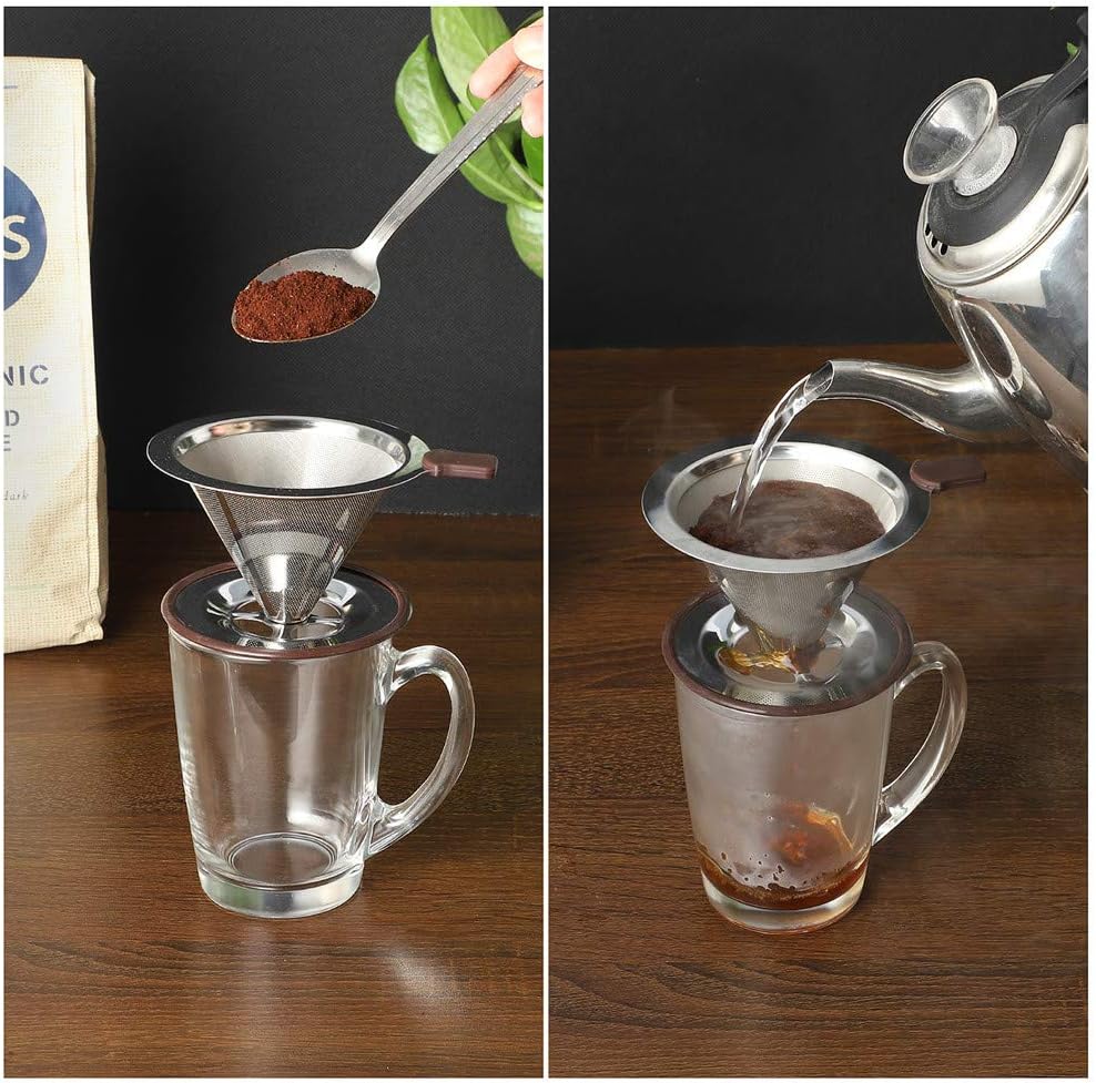 Pour Over Coffee Dripper, Reusable Paperless Coffee Filter,Professional Stainless Steel Drip Cone Brew Coffee Strainer,Upgraded Double Micro Mesh Filter with Cup Stand,1-2 Cup