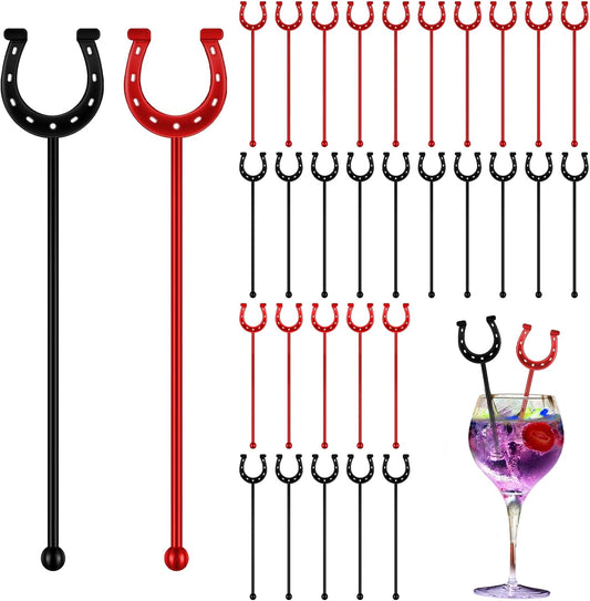 6 Inch Derby Drink Plastic Stirrers Swizzle Sticks for Cocktails Coffee Reusable U Shaped Horseshoe Drink Stirrers for Coffee Beverage Party Bar Weddings Events(Black,red,30 Pcs)