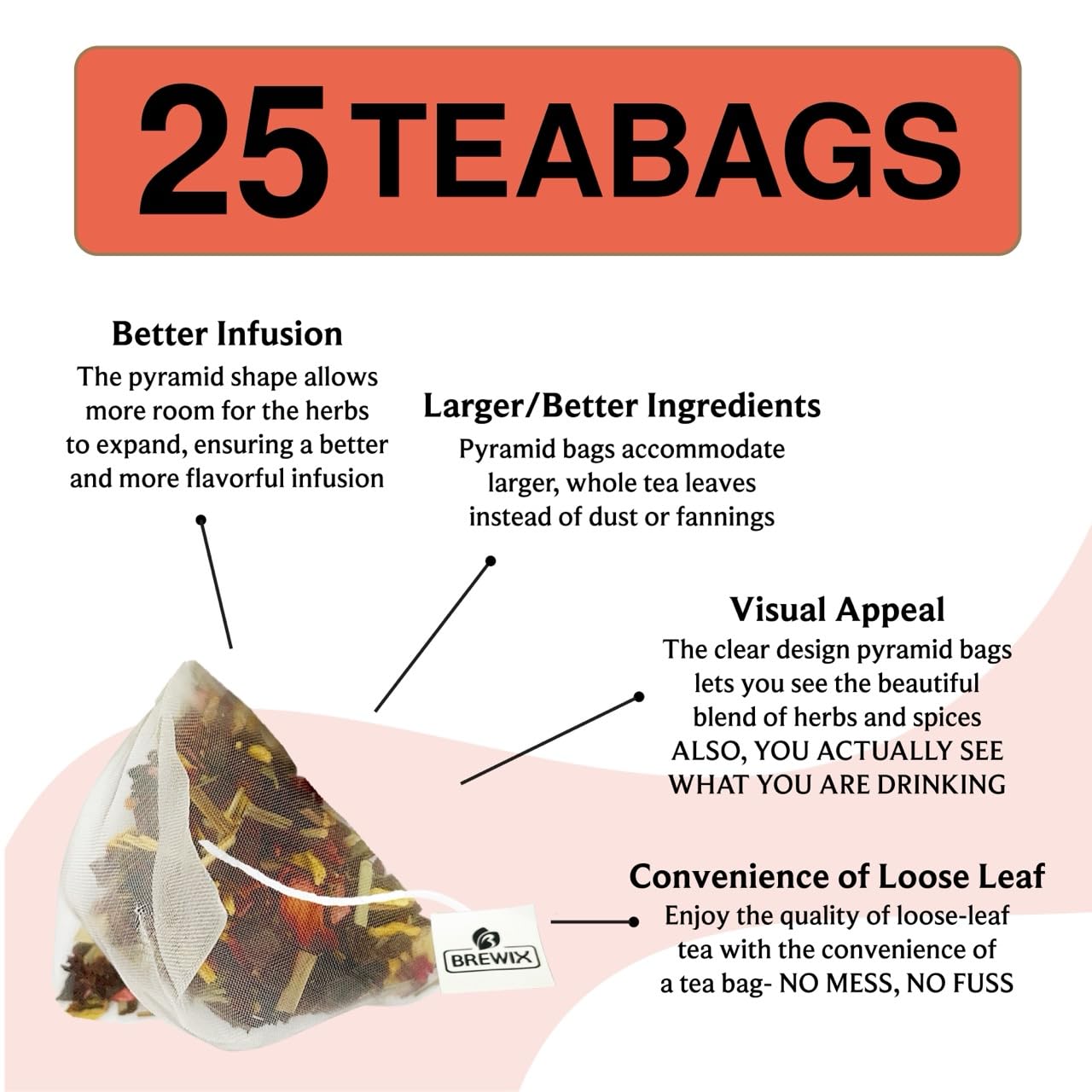 BREWIX, Mango Passion Fruit Herbal Tea Bags – 25 Plant-Based Pyramid Bags | Iced or Hot | Hibiscus, Citrus Peel, Lemongrass | Caffeine-Free & Naturally Uplifting Wellness Brew