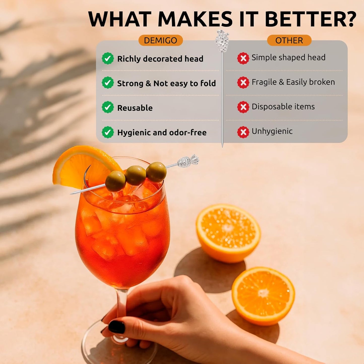 DEMIGO Fruit-Shaped Cocktail Picks, 8 Stainless Steel Reusable Skewers with Tropical Toppers - Olive Stuffers Martini Picks set Fruit Toothpicks Garnish Skewers Appetizer Drink Stick