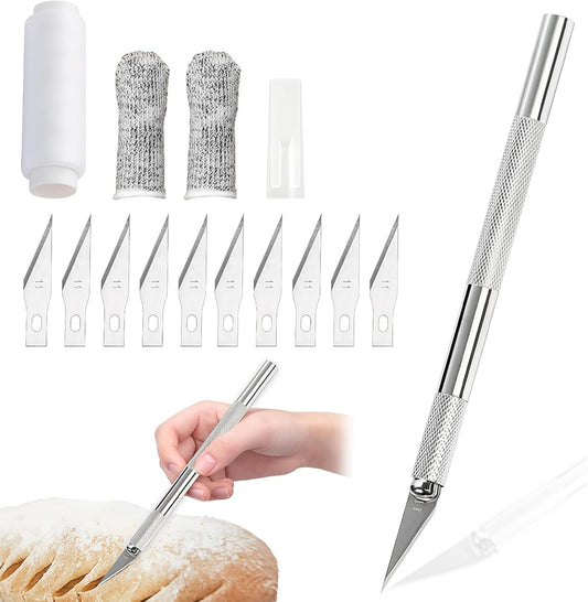 Premium Bread Lame Scoring Tool Kit,11 Blades,Stainless Steel Handle,Safety Cover with 2 Finger Sleeves Pattern String for Artisan Sourdough Baking,Scoring Knife for Bread Baking