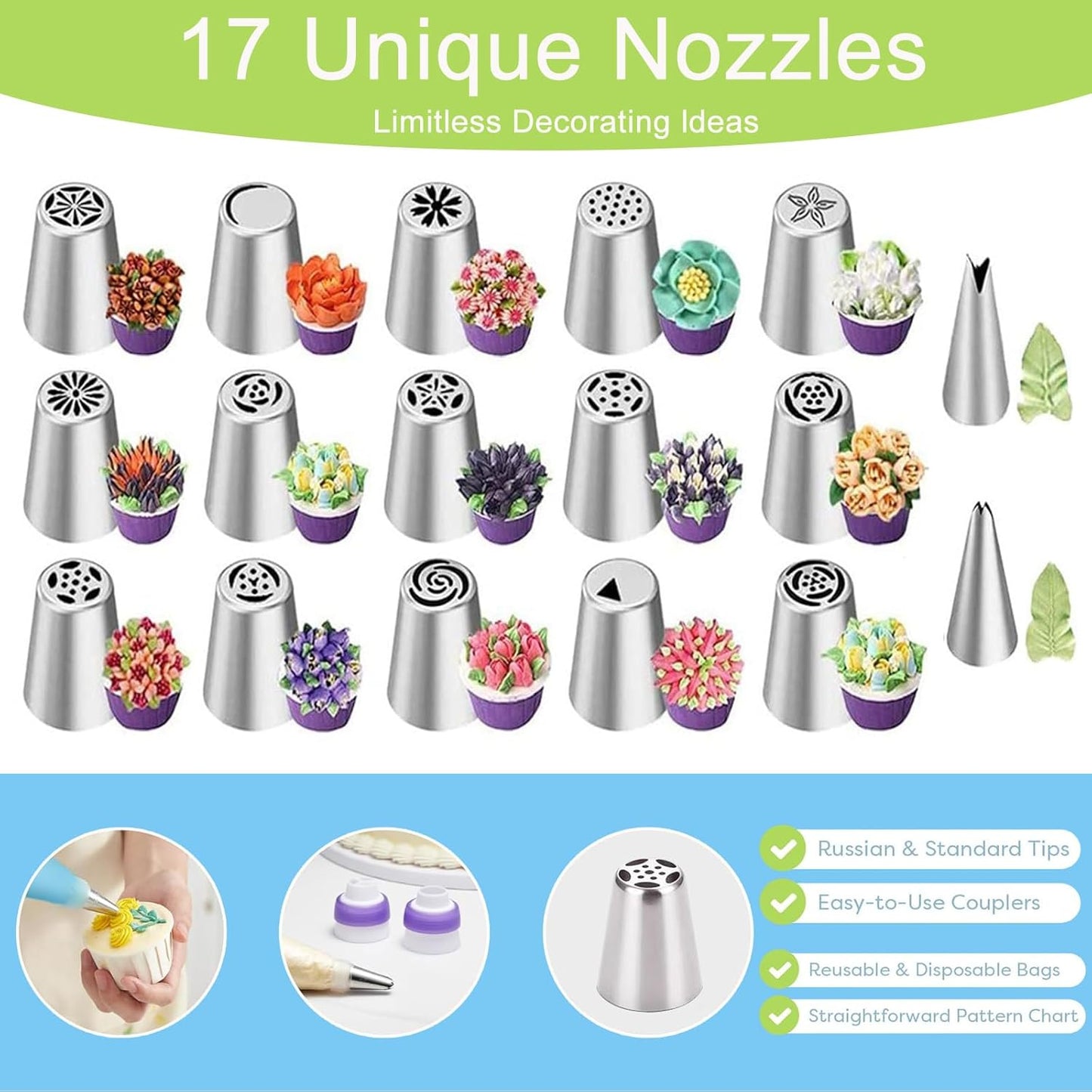 32-Piece Russian Piping Tips Set, Cake Decorating Kit with 17 Frosting Nozzles, Reusable Piping Bags, and Baking Supplies for Cupcakes, Cookies, Cakes - Idael for Bakers & Beginners