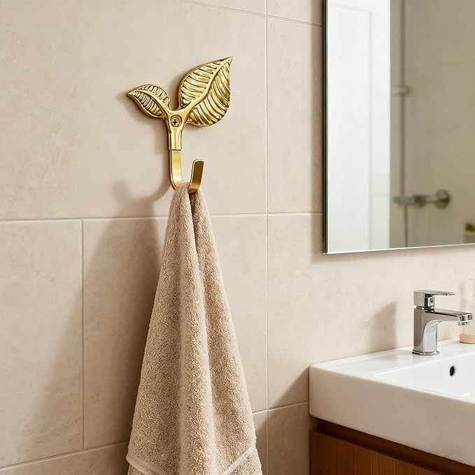 Set of 4 Vintage Leaf Wall Hooks Golden Metal Coat Hooks Heavy Duty Decorative - Image 4