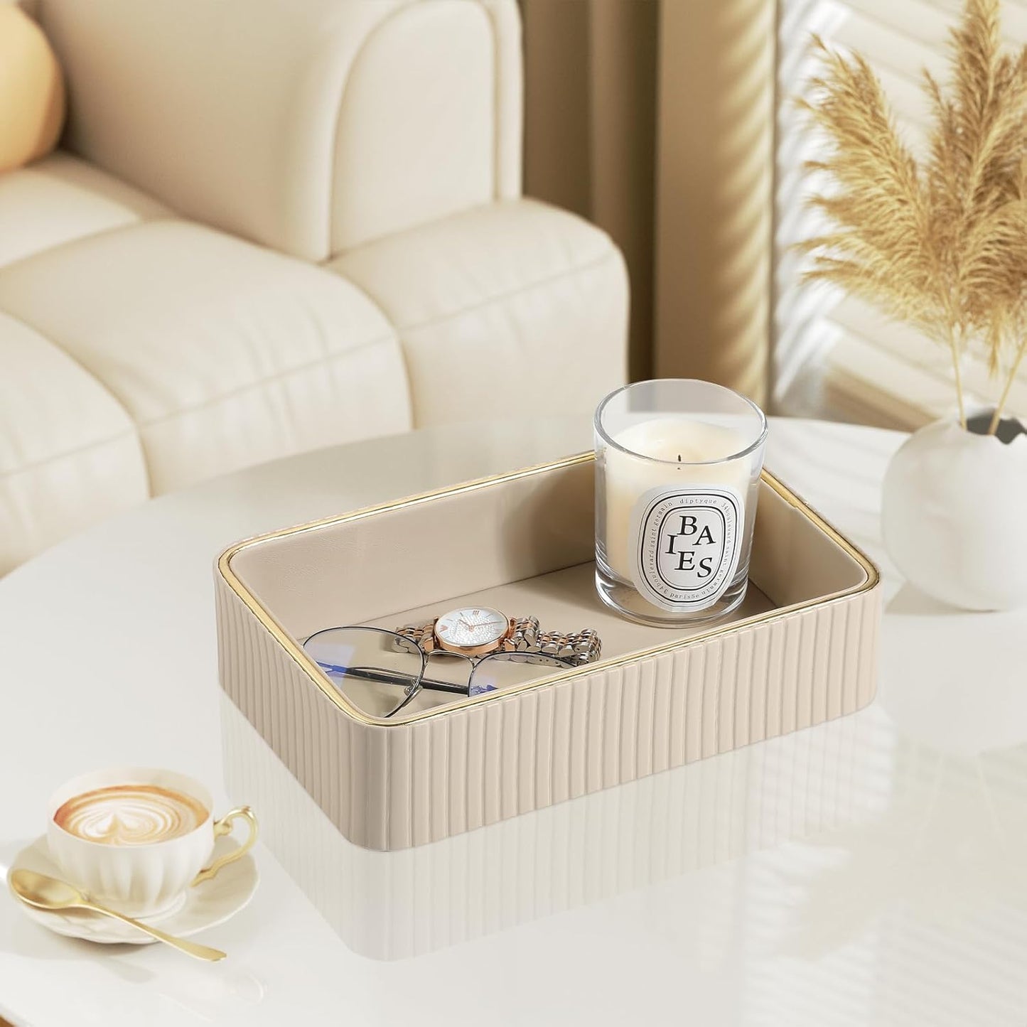 Desk Organizer Tray, PU Leather Valet Tray Nightstand Organizer Cologne Perfume Trays for Men Women, Decorative Vanity Trays Key Bowl Trinket Dish (Beige, 9.5" x 6" x 2.2")