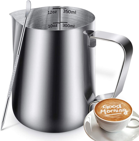 12oz Milk Frothing Pitcher, Stainless Steel Espresso Latte Cup Steaming Pitcher Creamer Cup, Milk Frother Cup Espresso Machine Accessories Barista Tools Jug for Coffee Cappuccino with Latte Art Pen