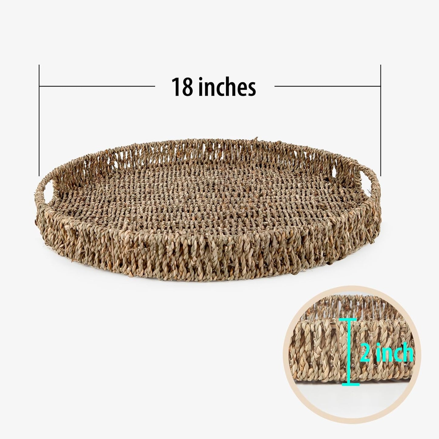 Round Ottoman Tray Large Wicker Serving Tray with Handles for Coffee Table, 18 Inch Handwoven Natural Seagrass Tray