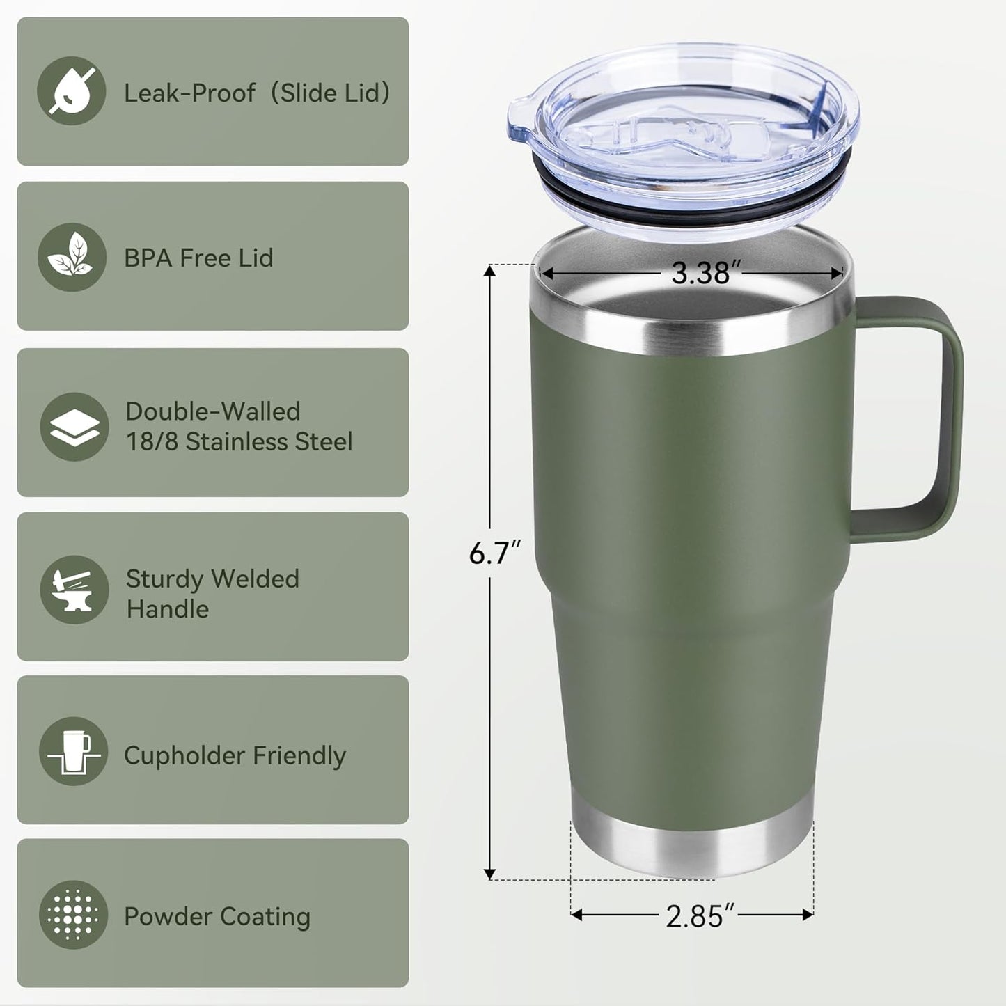 HASLE OUTFITTERS 20oz Tumbler with Lid, Stainless Steel Tumbler with Handle, Metal Insulated Travel Coffee Mug with Handle, Double Wall Vacuum Spill Proof Tumbler Cup, Amy Green 1 Pack