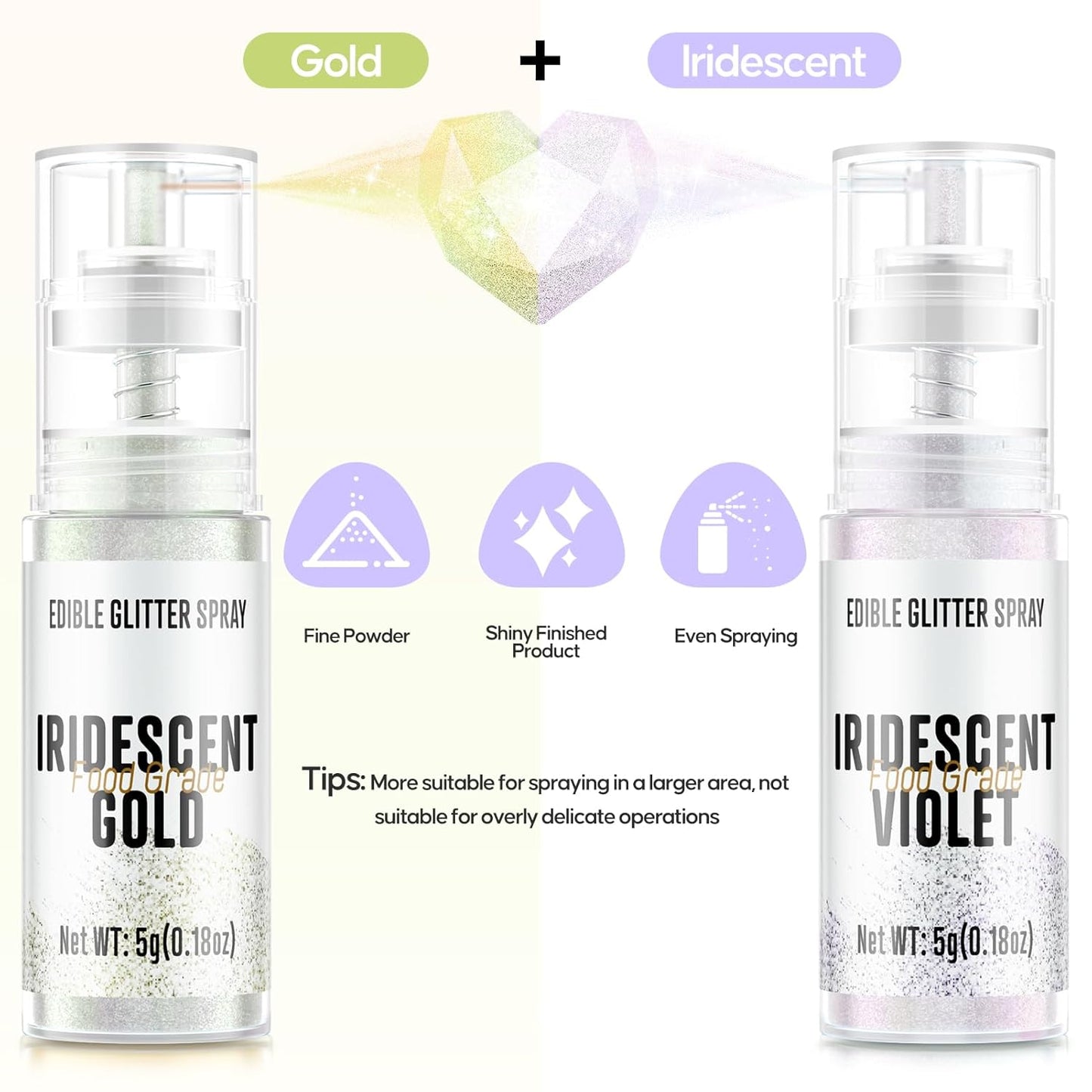 Edible Glitter Spray,Iridescent Gold & Iridescent Violet 2 Colors Food Grade Edible Glitter Set for Drink Cake Beverages,Cupcakes,Cake Pops and Cookies Decorating