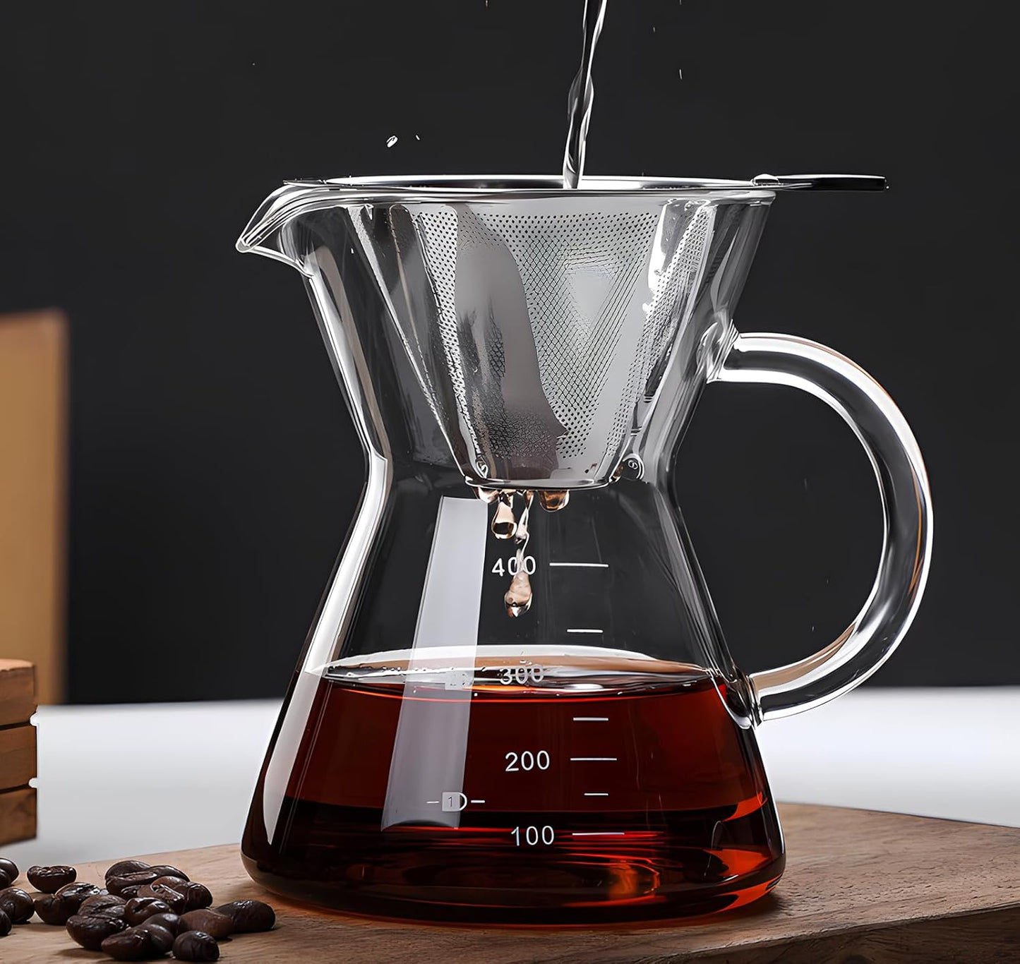 Pour Over Coffee Maker with Reusable Stainless Steel Drip Filter, Glass Drip Coffee Maker Set, Lead-Free Borosilicate Glass Coffee Carafe for 1-2Cup, Clear (400ml/13.5oz)