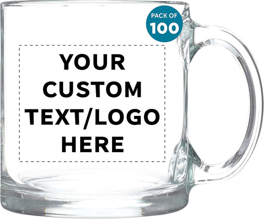 Custom Libbey Clear Glass Coffee Mugs 13 oz. Set of 100, Personalized Bulk Pack - Perfect for Coffee, Tea, Espresso, Hot Cocoa, Other Beverages - Clear Bottom