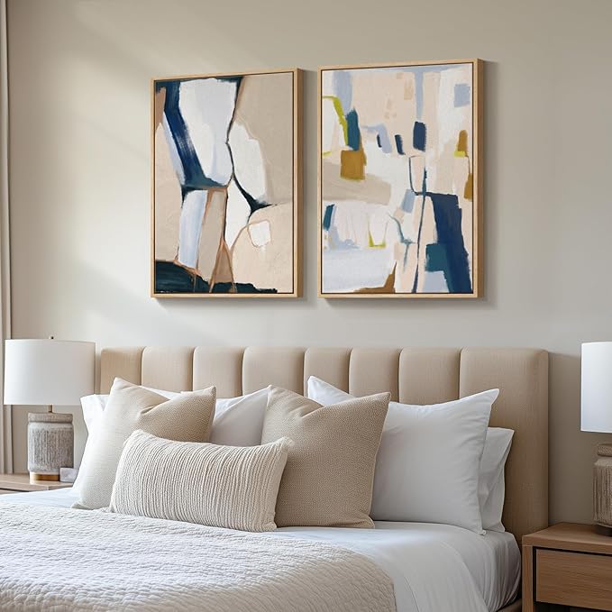 Large Framed Neutral Abstract Wall Art, 2 Piece Beige and Navy Blue Modern - Image 2