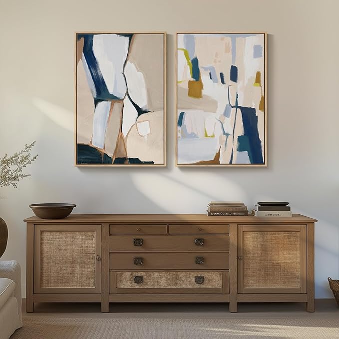 Large Framed Neutral Abstract Wall Art, 2 Piece Beige and Navy Blue Modern by Cuspin
