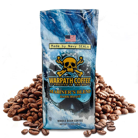 Warpath Coffee Dark Roast Whole Bean Coffee, Mariner's Blend, High Caffeine, Extra Strong Roasted 100% Arabica Coffee Beans Whole, Rich Aroma, Full-Bodied Intense Cup, Created by Navy SEALs, 12oz