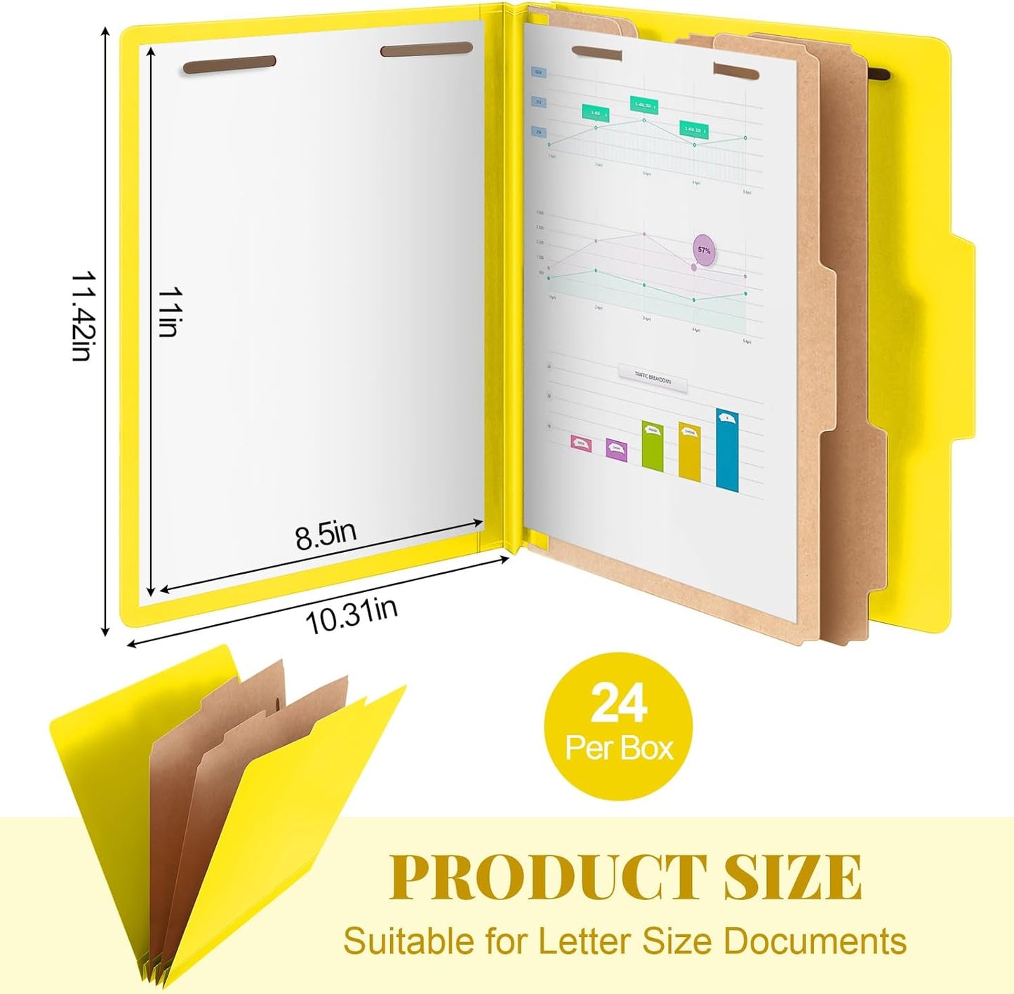 24 Pcs Classification Folders Letter Size Bulk - 2 Dividers Pressboard File Folder with 3. 5 Inch Expansion, 2 Prongs Fastener, Heavy Duty Office File Organizer for Teacher Medical (Yellow)