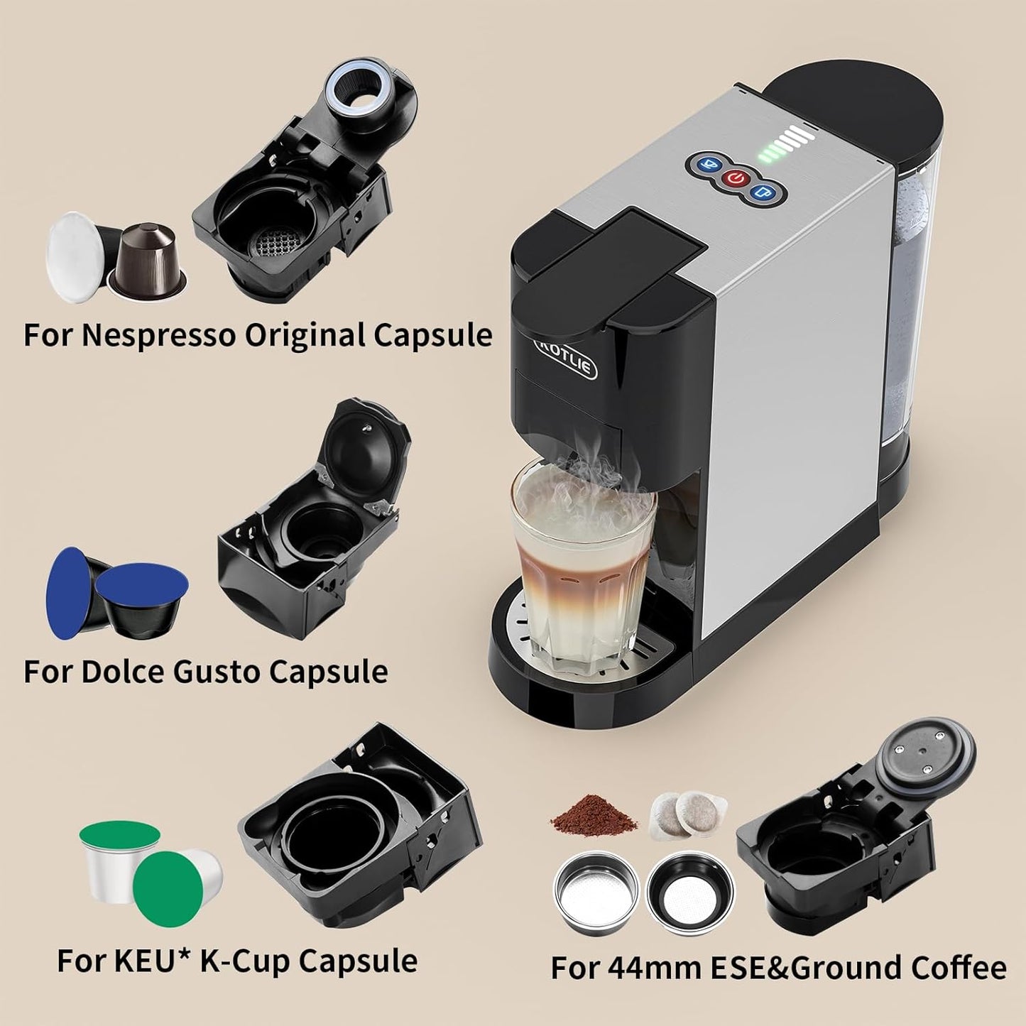 KOTLIE 19Bar Single Serve Coffee Maker, 5in1 Espresso Machine for Keu* kcup Capsules/Nespresso Original/Dolce Gusto/Ground Coffee/44mm ESE, Level 7 Water volume, Hot&Cold Brew Coffee Machine