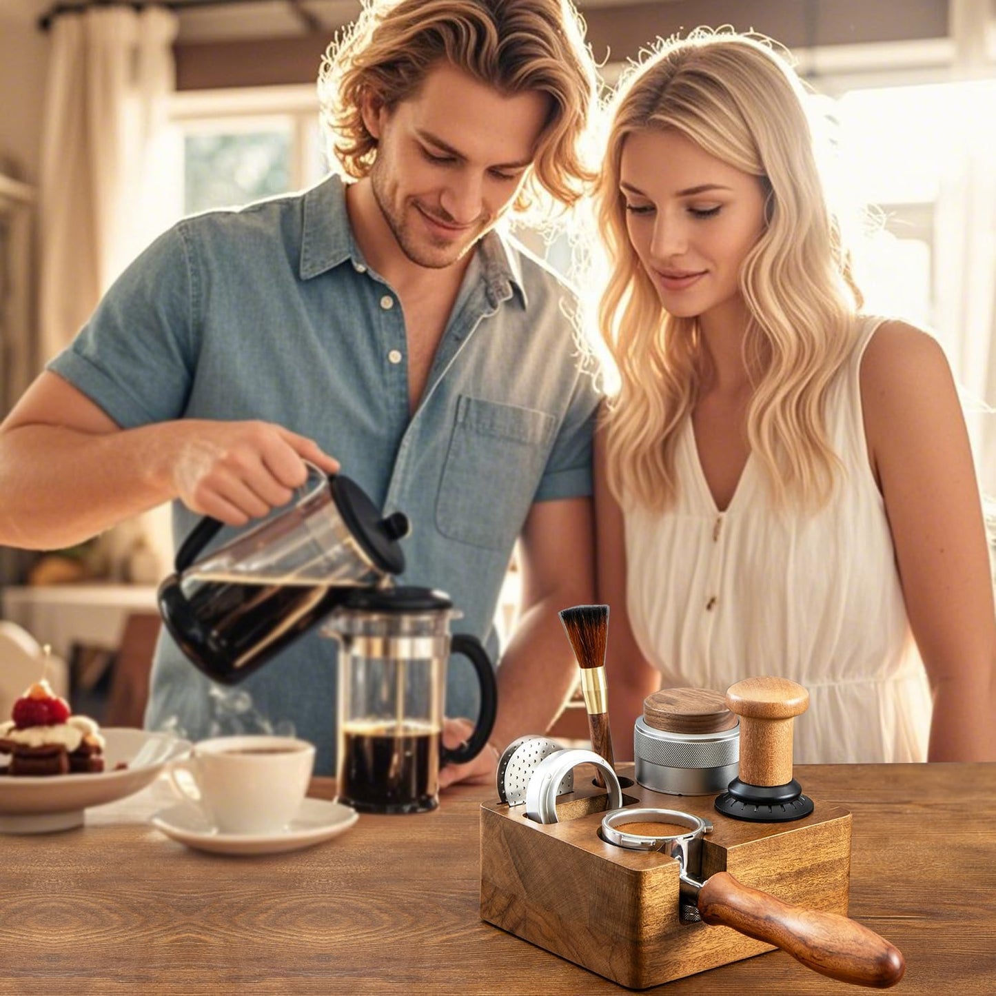 Espresso Tamping Station 54mm, Walnut Portafilter Holder, Espresso Organizer Station, Espresso Machine Accessories, Distributor Slot and Multi Accessory Storage