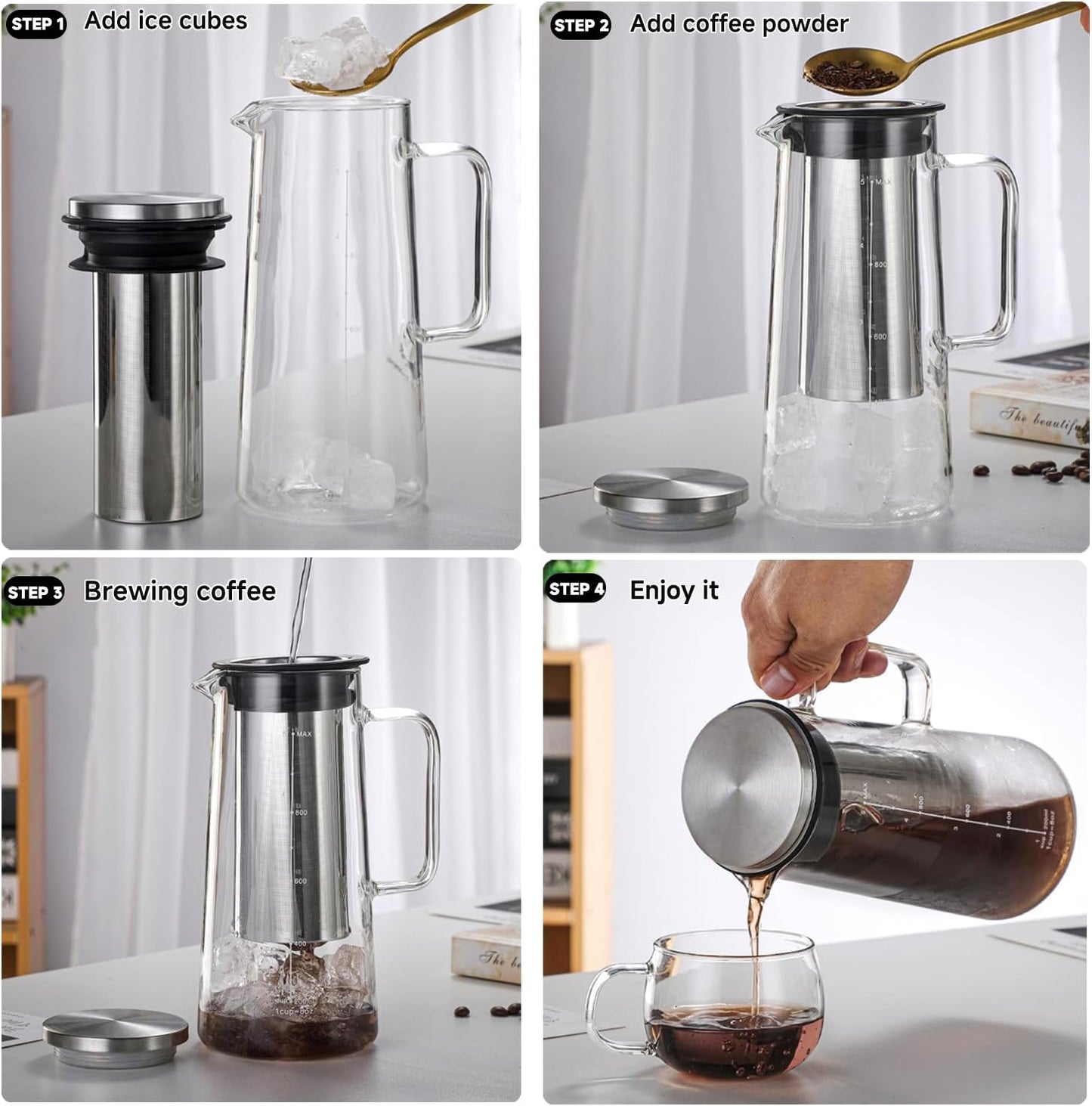 Cold Brew Coffee Maker Borosilicate Glass with 304 Stainless Steel Filter, Tea Infuser Ice Cold Brew Pitcher Kitchen, with Spout Kitchen Iced (34oz (1.0 L))