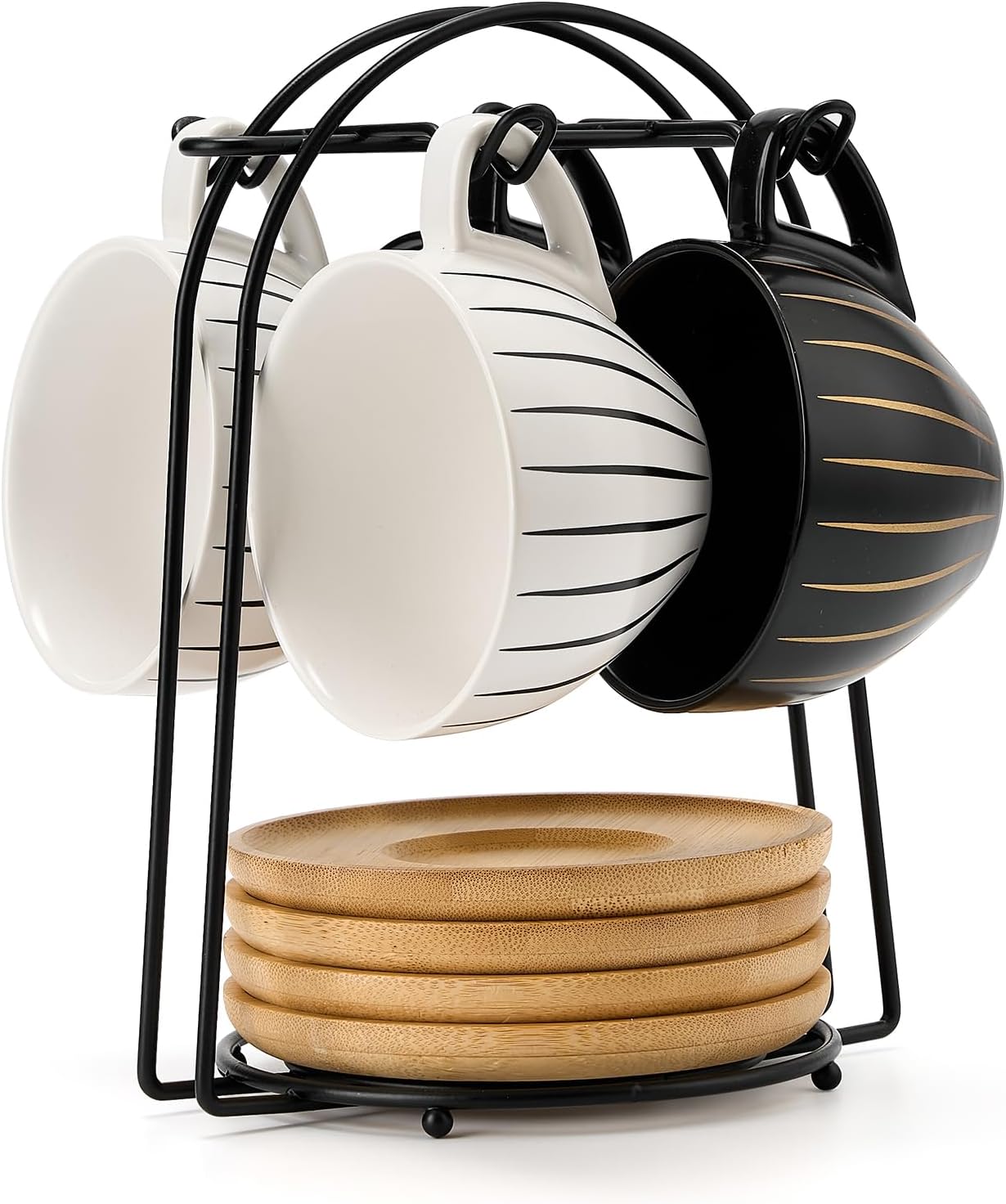 LUKA Ceramic Demitasse Espresso Cups Set with Saucers and Metal Stand, 8 oz Porcelain Cappuccino Cups Teacup For Tea, Espresso, Latte, Coffee, Cafe Mocha, Set of 4, Stripe White & Black