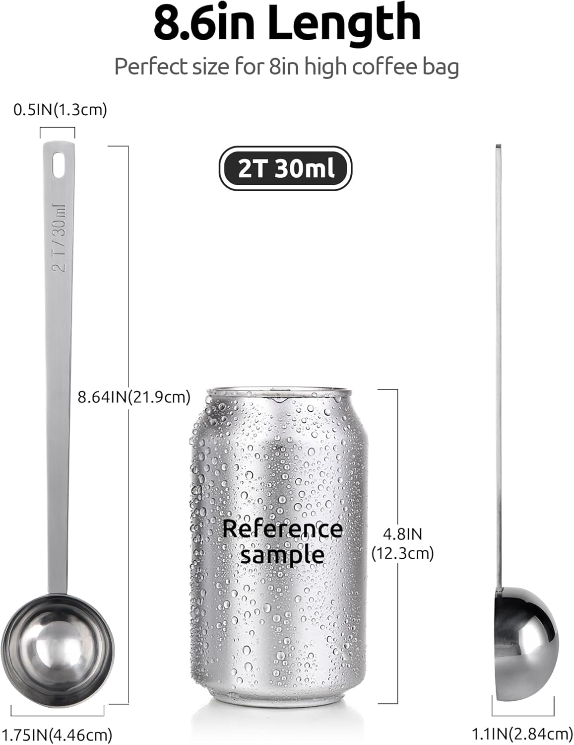 U-Taste Coffee Scoop 2 Tablespoon: 18/8 Stainless Steel Measuring Scooper for Ground Coffee, Bean, Powder, Espresso, 6.9in Long Handle Metal Meaure Spoon for Canister, Jar (2Tbsp/30ml, Silver)