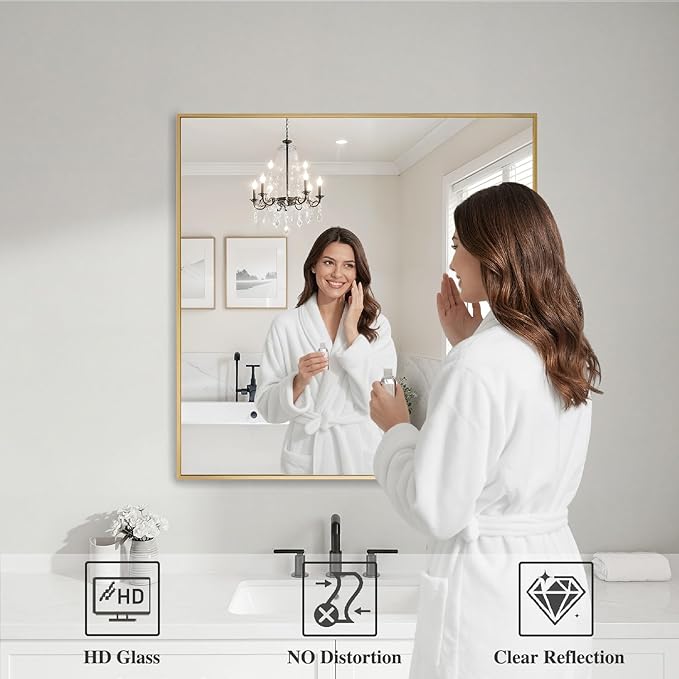 Koonmi Gold Mirrors for Wall, 30x30 Inch Bathroom Mirror, Rectangular Wall - Image 3