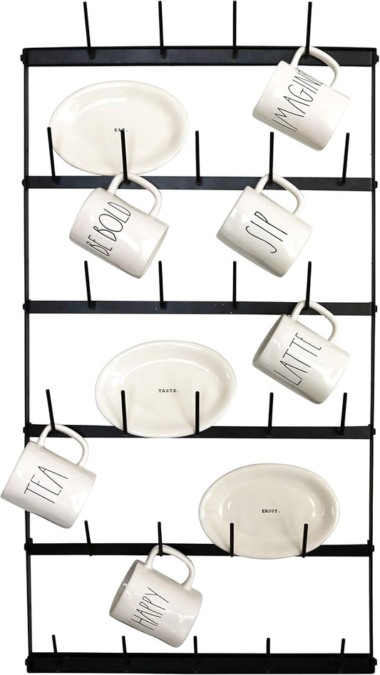 Wall Mounted Coffee Mug Rack - Large Rustic Black Iron Steel Kitchen Rack with 6 Rows - Storage for 27 Cups - Jar & Plate Holder - Vertical Display Organizer - Farmhouse Home Décor - Claimed Corner