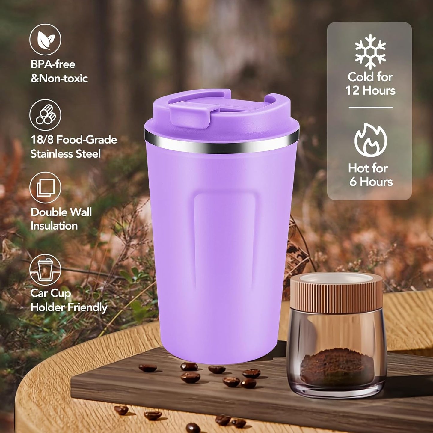 Volhoply 12 oz Double Wall Insulated Vacuum Travel Coffee Mug with Flip Lid Bulk 8 Pack,Reusable Stainless Steel Leak Proof Coffee Cup,Portable Cafe Thermal Tumblers for Hot&Cold Drinks(Purple,8 Set)