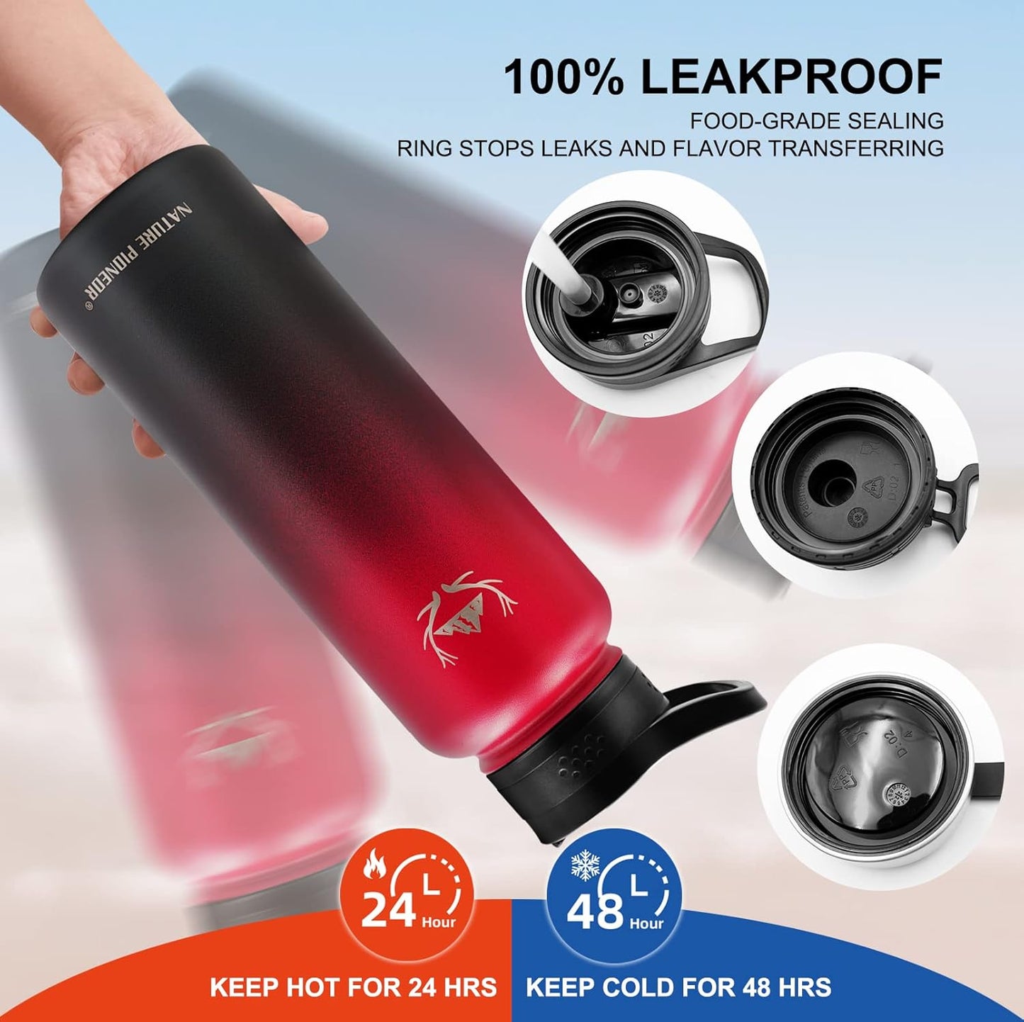 NATURE PIONEOR Insulated Water Bottles with Straw - 40oz Stainless Steel Vacuum Bottle with Holder/Carrier/Sleeve - Reusable 18/8 Food Grade 40 oz Water Jug