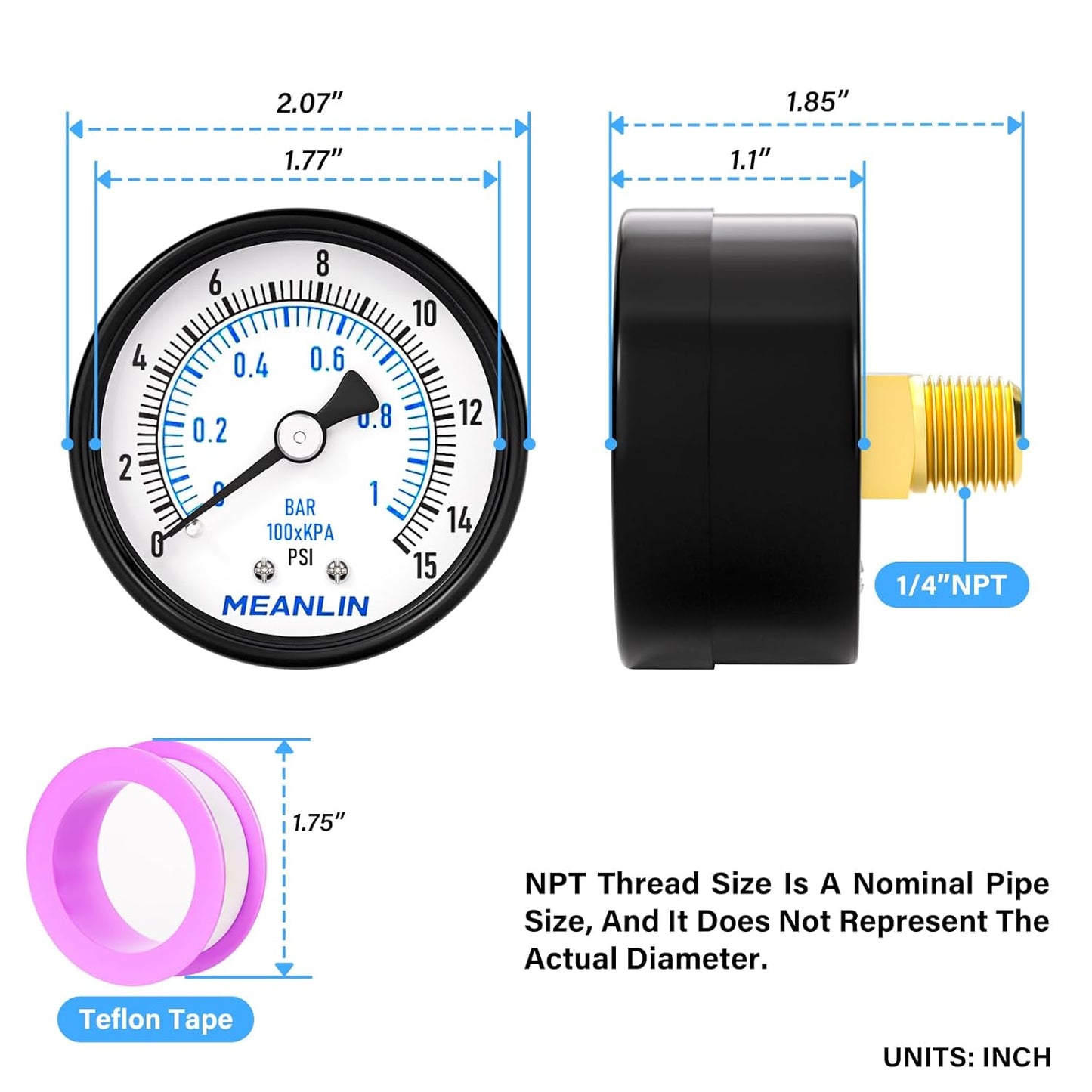MEANLIN MEASURE 0-15Psi Well Pump Pressure Gauge 1/4" NPT 2" FACE DIAL for Water Oil Air Well Pump Tank Tire Pressure Test Back Mount, with Teflon Tape