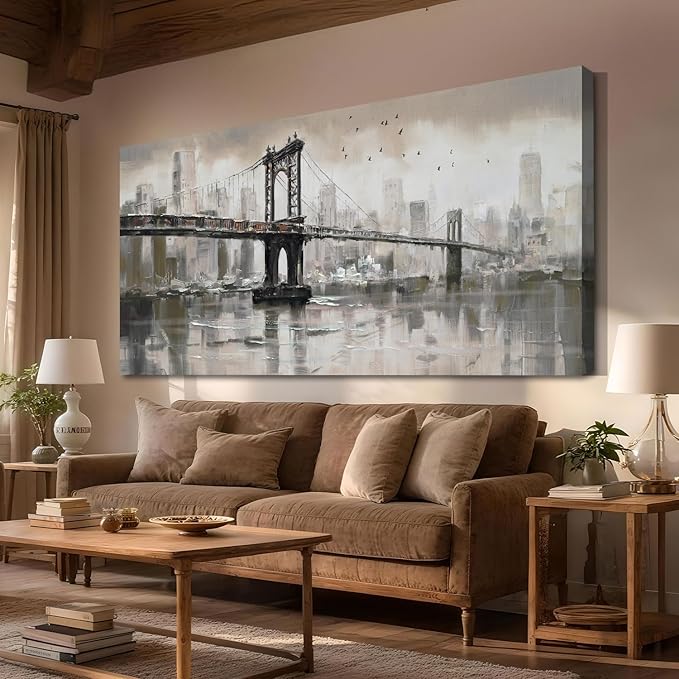 Anolyfi Vintage Brooklyn Bridge Canvas Wall Art Decor, Skylines Cityscapes by Anolyfi