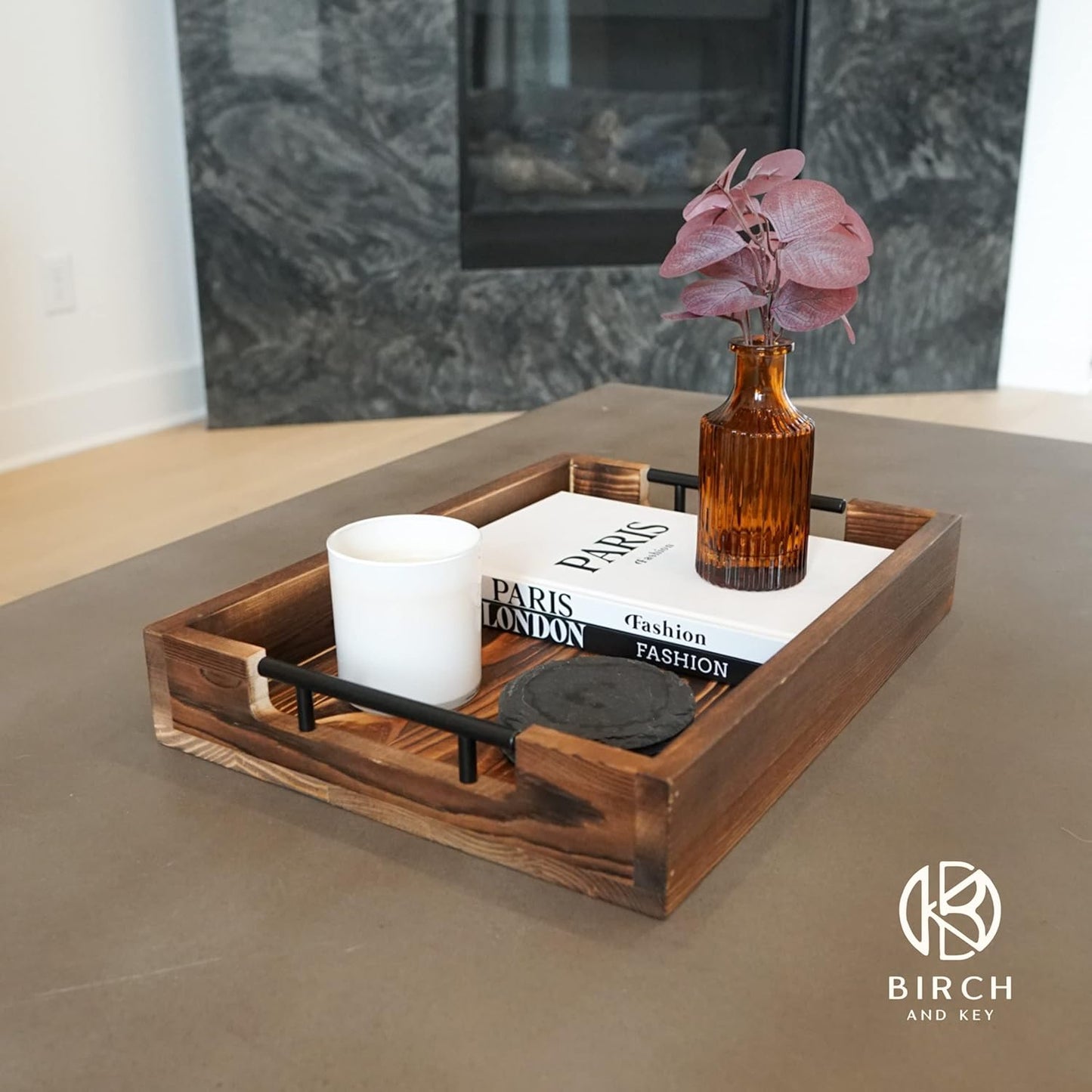 Natural Bamboo Serving Trays Modern Decorative Otman Trays with Metal Handles - Perfect for Living Room, Bedroom, Entryway & Kitchen