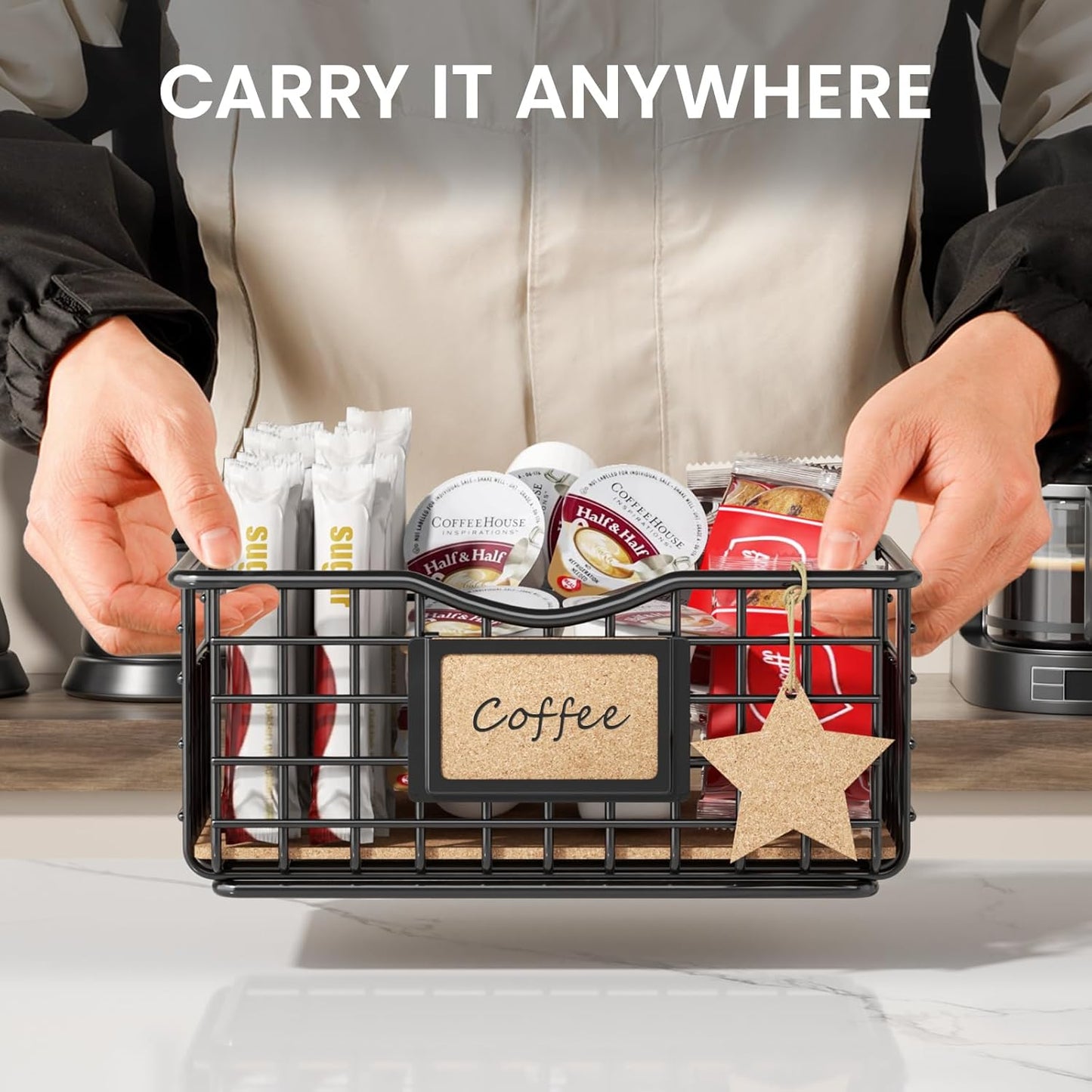 Coffee Pod Holder for Counter and Bar - Large Capacity Black Wire Storage Organizer With Cork Liner - Bar Accessories