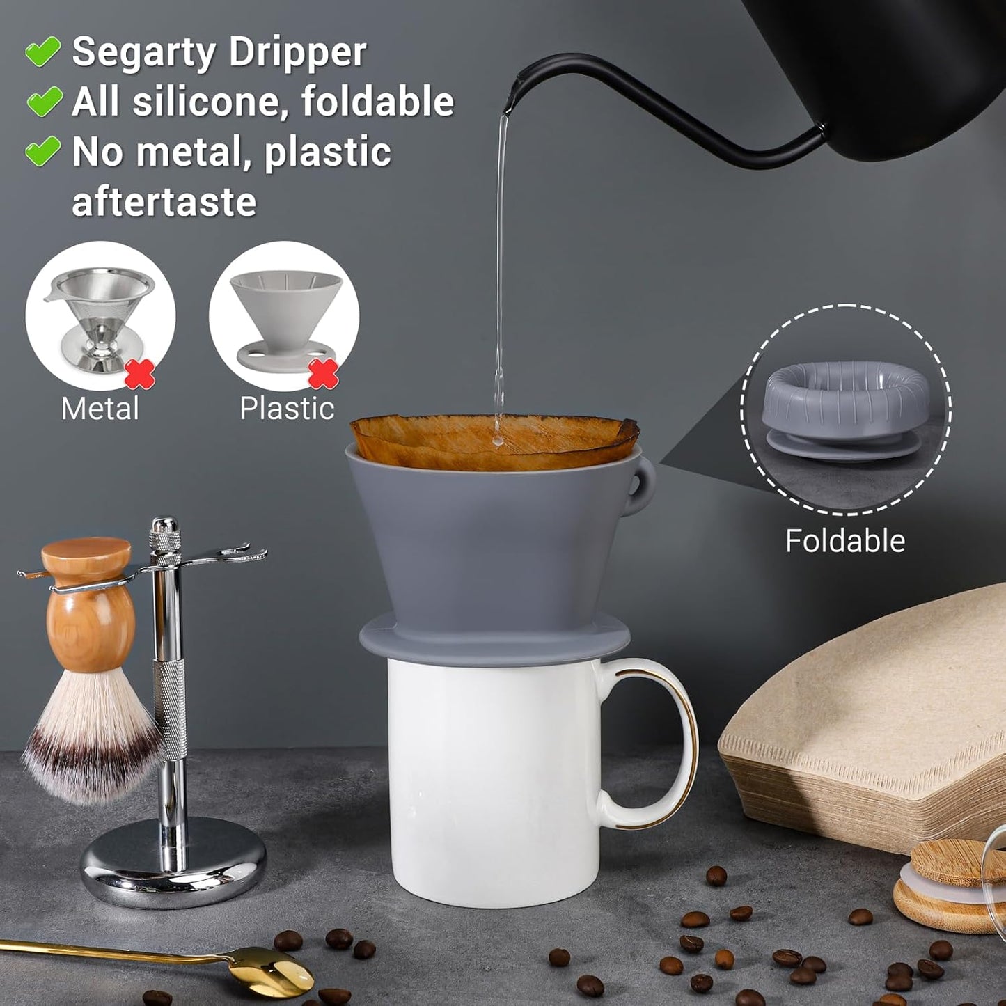 Segarty Pour Over Coffee Dripper, Single Cup Gray Silicone Manual Coffee Maker Set with 200PCS Size #2 Cone Coffee Filter Papers, Drip Coffee Pourover Brewer Filter Holder for Travel Outdoor Camping