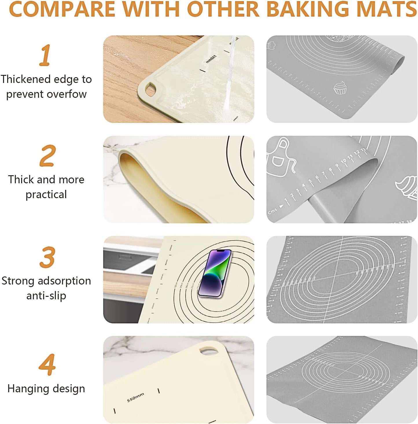 28" X 20" Dough Mat for Counter, Pastry Mats for Rolling Dough, Silicone Baking Mat with Measurements, Non Stick Silicone Pastry Mat, Kneading Counter Mat for Pastry, Bread, Cookies, Pizza