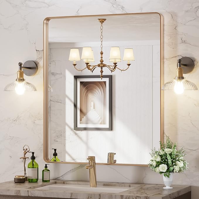 LOAAO 30”X36” Gold Bathroom Mirror, Rounded Rectangle Gold Frame Mirror - Image 8