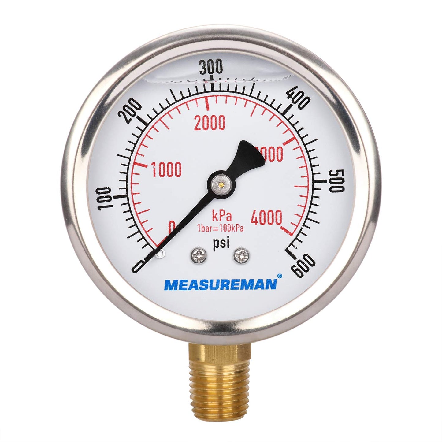 MEASUREMAN 2-1/2inch Dial Size, Oil Filled Pressure Gauge, 0-600psi/4000kpa, 304 Stainless Steel Case, 1/4inchNPT Lower Mount