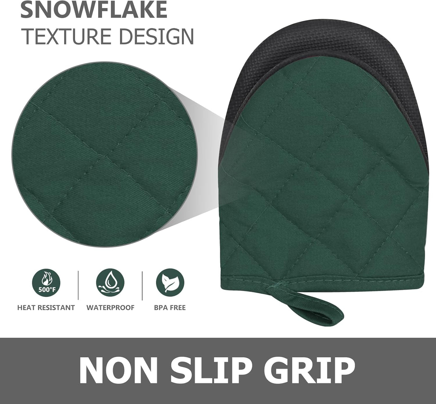 1 Pair Short Oven Mitts - Silicone Kitchen Oven Gloves High Heat Resistant 500℉, Mini Oven Mits with Non-Slip Grip Surfaces and Hanging Loop for BBQ, Baking, Cooking and Grilling (ArmyGreen)