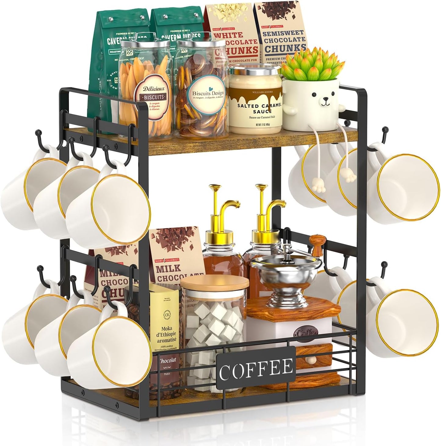 EsLuker.ly Coffee Mug Cup Holder Tree Bar Station Organizer, 2 Tier Mug Stand Rack for Countertop Kitchen, Storage Tower Display Shelf with 12 Hooks, Coffee Nook Enhancer