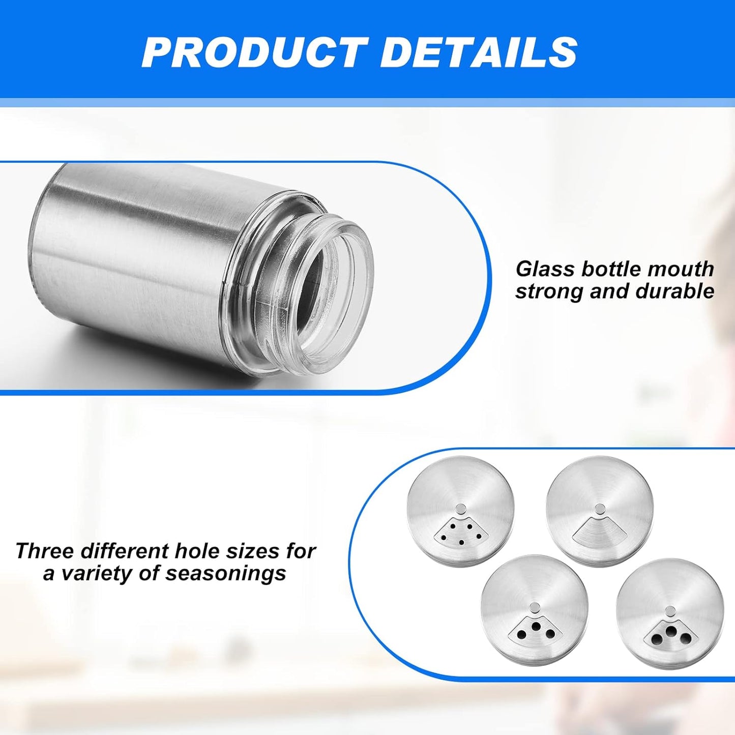 Dandat 36 Pcs Salt and Pepper Shakers Stainless Steel Spice Shakers with Adjustable Pour Holes and Glass Window 3.4oz Salt Dispenser Spice Jars with Rotating Lids for Sugar Seasoning Home