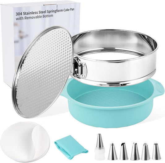 9inch 304 Stainless Steel Springform Cake Pan with Detachable Bottom, Silicone Cheesecake Pan Protector, Parchment Paper, Decorating Kit Piping Bags and Tips- Ideal for Home Bakers